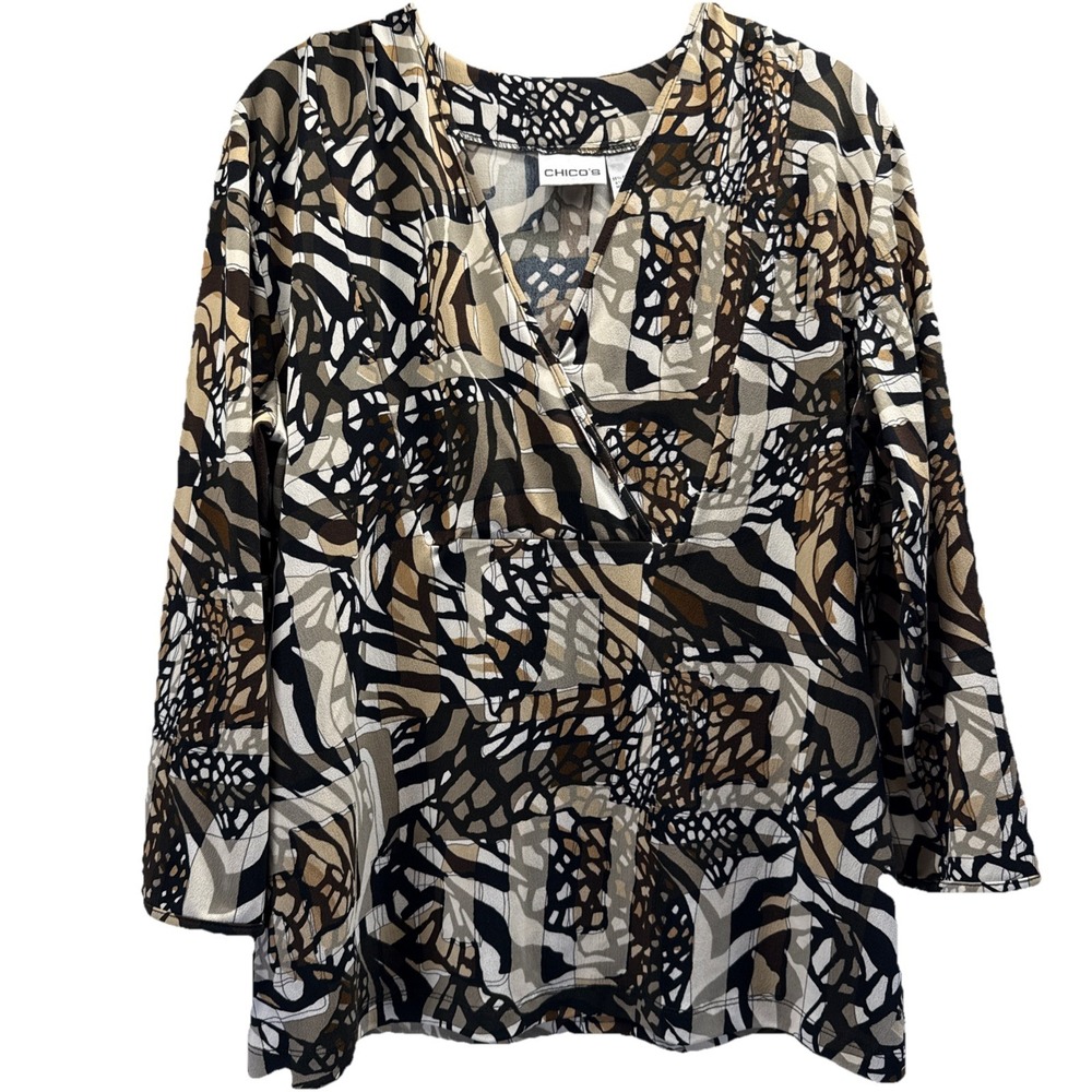Chicos Women's Top Size Large Black Brown Babydoll Stretch 3/4‎ Sleeves V Neck